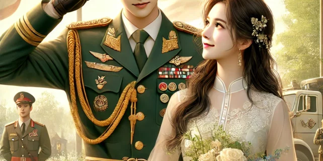 DALL·E 2024-08-04 16.41.40 – A romantic scene based on the theme ‘Xin Chào Thiếu Tướng Đại Nhân’ (Hello, Major General), featuring a strong and confident military man and a beauti
