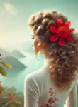 DALL·E 2024-08-29 20.48.52 – An elegant and serene scene featuring a young woman with naturally curly hair adorned with a red kapok flower (hoa mộc miên), standing with her back t