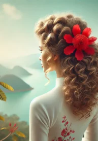 DALL·E 2024-08-29 20.48.52 – An elegant and serene scene featuring a young woman with naturally curly hair adorned with a red kapok flower (hoa mộc miên), standing with her back t