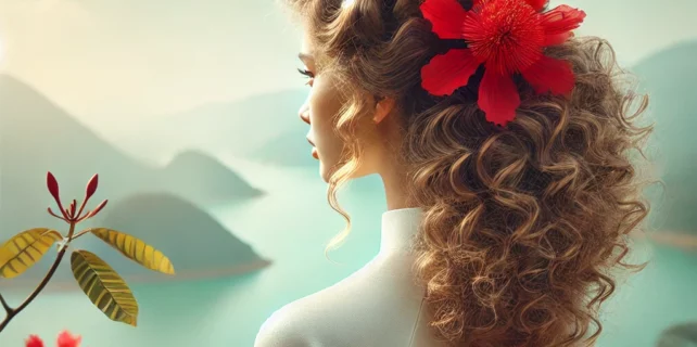 DALL·E 2024-08-29 20.48.52 – An elegant and serene scene featuring a young woman with naturally curly hair adorned with a red kapok flower (hoa mộc miên), standing with her back t