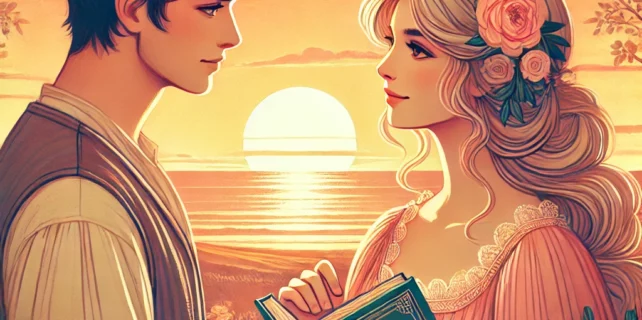 DALL·E 2024-07-29 23.14.37 – A romantic scene depicting a couple looking at each other with loving eyes. They stand in a beautiful setting, possibly by the seaside at sunset or in