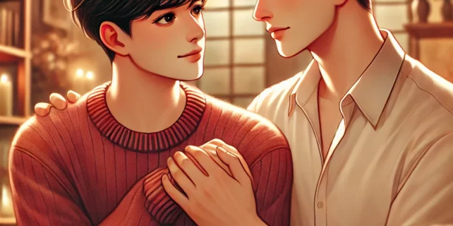 DALL·E 2024-07-30 15.58.16 – A romantic scene featuring two young men standing close together in a cozy, intimate setting, possibly a garden or a warm café. One man looks into