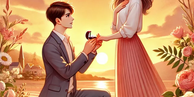 DALL·E 2024-08-01 21.57.35 – A romantic scene depicting a young man and a young woman in a beautiful setting, under the theme ‘Muốn Kết Hôn Với Tự Tự’ (Wanting to Marry Tự Tự). Th