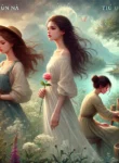 DALL·E 2024-08-02 22.30.20 – A poignant and romantic scene depicting three young women, Phần Na, Hiểu Lối, and Tiểu Bạch, in different symbolic settings representing their distinc