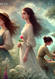 DALL·E 2024-08-02 22.30.20 – A poignant and romantic scene depicting three young women, Phần Na, Hiểu Lối, and Tiểu Bạch, in different symbolic settings representing their distinc