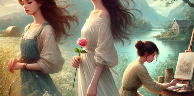 DALL·E 2024-08-02 22.30.20 – A poignant and romantic scene depicting three young women, Phần Na, Hiểu Lối, and Tiểu Bạch, in different symbolic settings representing their distinc