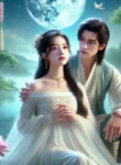 DALL·E 2024-08-05 21.49.56 – A romantic and dreamy scene based on the theme ‘Muốn Trở Thành Ánh Trăng Sáng’ (Want to Become the Bright Moon), featuring a young woman and a young m