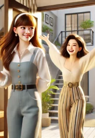 DALL·E 2024-08-05 21.57.58 – A humorous and heartwarming scene based on the theme ‘Muôn Trùng Nghìn Dặm’ (Thousands of Miles), featuring two young women in a modern, urban setting