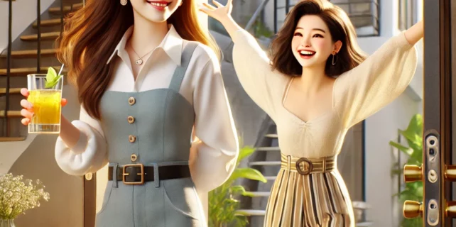 DALL·E 2024-08-05 21.57.58 – A humorous and heartwarming scene based on the theme ‘Muôn Trùng Nghìn Dặm’ (Thousands of Miles), featuring two young women in a modern, urban setting