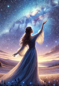 DALL·E 2024-08-07 21.09.15 – A serene night scene featuring a starry sky full of twinkling stars, with a young woman standing on the ground below, reaching out towards the stars.
