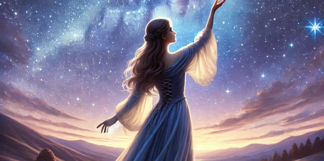 DALL·E 2024-08-07 21.09.15 – A serene night scene featuring a starry sky full of twinkling stars, with a young woman standing on the ground below, reaching out towards the stars.