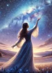 DALL·E 2024-08-07 21.09.15 – A serene night scene featuring a starry sky full of twinkling stars, with a young woman standing on the ground below, reaching out towards the stars.