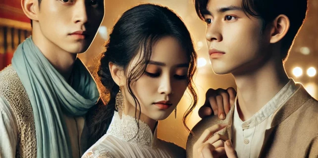 DALL·E 2024-08-07 21.15.38 – A dramatic and emotional urban romance scene based on the theme ‘Mưu Đồ’ (Scheme), featuring a love triangle with a young woman and two young men. The