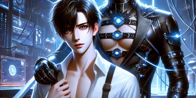 DALL·E 2024-08-07 21.19.29 – A dramatic and sensual sci-fi BL (Boys’ Love) scene featuring a powerful and handsome man (seme) and a beautiful and alluring young man (uke) in a fut