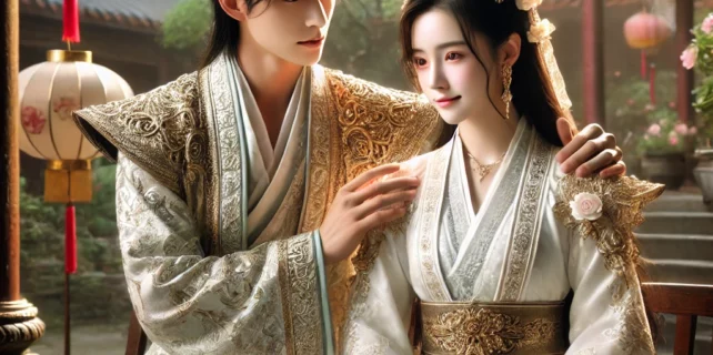 DALL·E 2024-08-07 21.45.03 – A romantic and elegant ancient romance scene featuring a handsome and strong young man (male lead) and a beautiful and gentle young woman (female lead