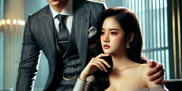 DALL·E 2024-08-07 22.11.15 – A dramatic and emotional urban romance scene based on the theme ‘Mưu Đoạt Hạnh Phúc,’ featuring a strong and beautiful young woman (Sở Nhi) and a powe