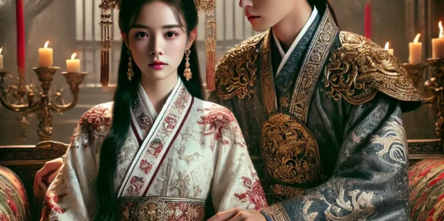 DALL·E 2024-08-08 21.44.02 – A dramatic and elegant ancient palace scene based on the theme ‘Mưu Đoạt Phượng Ấn,’ featuring a strong and beautiful young woman (female lead) and a
