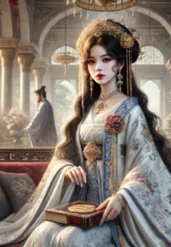 DALL·E 2024-08-08 21.55.47 – A regal and elegant ancient palace scene based on the theme ‘Mưu Kế Của Quý Nữ,’ featuring a strong and beautiful young woman, Tống Ý Mặc, who is tale