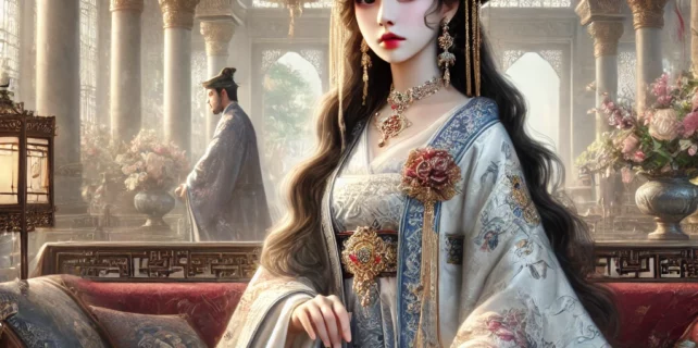 DALL·E 2024-08-08 21.55.47 – A regal and elegant ancient palace scene based on the theme ‘Mưu Kế Của Quý Nữ,’ featuring a strong and beautiful young woman, Tống Ý Mặc, who is tale