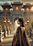 DALL·E 2024-08-08 22.02.38 – A dramatic and elegant scene based on the theme ‘Mưu Kế Cung Phi,’ featuring a strong and beautiful young woman, a consort in the imperial harem, stan