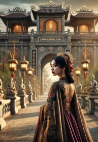 DALL·E 2024-08-08 22.02.38 – A dramatic and elegant scene based on the theme ‘Mưu Kế Cung Phi,’ featuring a strong and beautiful young woman, a consort in the imperial harem, stan