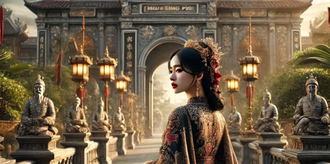 DALL·E 2024-08-08 22.02.38 – A dramatic and elegant scene based on the theme ‘Mưu Kế Cung Phi,’ featuring a strong and beautiful young woman, a consort in the imperial harem, stan