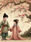 DALL·E 2024-08-09 15.39.55 – An ancient-style painting featuring two children standing under a blossoming peach tree, holding hands and gazing at each other. The boy has a protect
