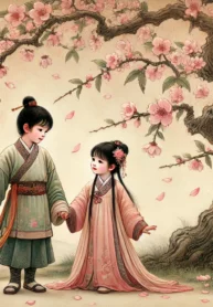 DALL·E 2024-08-09 15.39.55 – An ancient-style painting featuring two children standing under a blossoming peach tree, holding hands and gazing at each other. The boy has a protect