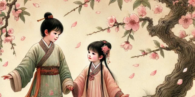 DALL·E 2024-08-09 15.39.55 – An ancient-style painting featuring two children standing under a blossoming peach tree, holding hands and gazing at each other. The boy has a protect