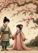 DALL·E 2024-08-09 15.39.55 – An ancient-style painting featuring two children standing under a blossoming peach tree, holding hands and gazing at each other. The boy has a protect