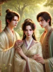DALL·E 2024-08-15 20.55.51 – A romantic and elegant ancient-style scene featuring a love triangle between twin brothers and a beautiful young woman, set in a peaceful and idyllic