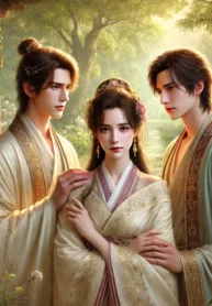 DALL·E 2024-08-15 20.55.51 – A romantic and elegant ancient-style scene featuring a love triangle between twin brothers and a beautiful young woman, set in a peaceful and idyllic
