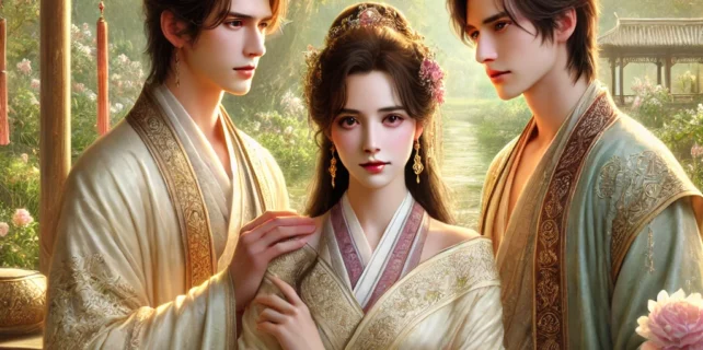 DALL·E 2024-08-15 20.55.51 – A romantic and elegant ancient-style scene featuring a love triangle between twin brothers and a beautiful young woman, set in a peaceful and idyllic