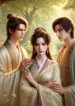 DALL·E 2024-08-15 20.55.51 – A romantic and elegant ancient-style scene featuring a love triangle between twin brothers and a beautiful young woman, set in a peaceful and idyllic