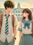DALL·E 2024-09-06 21.24.18 – A romantic and tender scene set in a schoolyard featuring a young man and a young woman walking side by side, gazing affectionately into each other’s