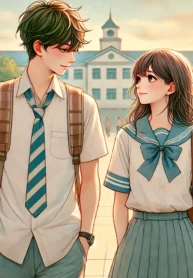 DALL·E 2024-09-06 21.24.18 – A romantic and tender scene set in a schoolyard featuring a young man and a young woman walking side by side, gazing affectionately into each other’s