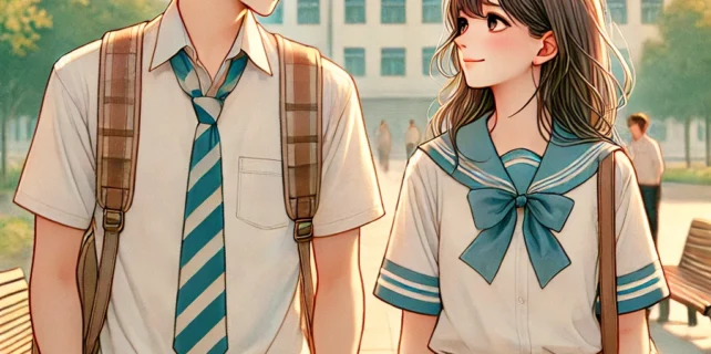 DALL·E 2024-09-06 21.24.18 – A romantic and tender scene set in a schoolyard featuring a young man and a young woman walking side by side, gazing affectionately into each other’s