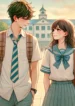 DALL·E 2024-09-06 21.24.18 – A romantic and tender scene set in a schoolyard featuring a young man and a young woman walking side by side, gazing affectionately into each other’s