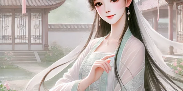 DALL·E 2024-09-19 21.15.36 – An elegant and serene ancient-style scene titled ‘Tiểu Thanh Mai Yêu Kiều,’ featuring a beautiful and delicate young woman in traditional attire. The