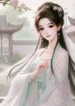 DALL·E 2024-09-19 21.15.36 – An elegant and serene ancient-style scene titled ‘Tiểu Thanh Mai Yêu Kiều,’ featuring a beautiful and delicate young woman in traditional attire. The