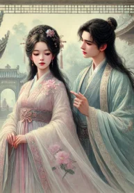DALL·E 2024-09-28 21.56.25 – An ancient-style painting titled ‘Tiểu Thanh Mai Xinh Đẹp Mất Trí Nhớ,’ featuring two characters in elegant traditional attire. The first character is