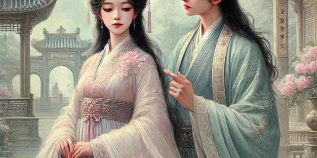 DALL·E 2024-09-28 21.56.25 – An ancient-style painting titled ‘Tiểu Thanh Mai Xinh Đẹp Mất Trí Nhớ,’ featuring two characters in elegant traditional attire. The first character is