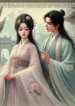 DALL·E 2024-09-28 21.56.25 – An ancient-style painting titled ‘Tiểu Thanh Mai Xinh Đẹp Mất Trí Nhớ,’ featuring two characters in elegant traditional attire. The first character is