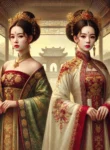 DALL·E 2024-10-19 21.26.35 – An ancient-style painting titled ‘Sau Khi Đổi Thân Phận Với Tỷ Tỷ Song Sinh,’ featuring two twin sisters who have swapped their identities. One sister