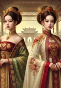 DALL·E 2024-10-19 21.26.35 – An ancient-style painting titled ‘Sau Khi Đổi Thân Phận Với Tỷ Tỷ Song Sinh,’ featuring two twin sisters who have swapped their identities. One sister