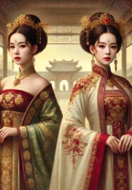 DALL·E 2024-10-19 21.26.35 – An ancient-style painting titled ‘Sau Khi Đổi Thân Phận Với Tỷ Tỷ Song Sinh,’ featuring two twin sisters who have swapped their identities. One sister