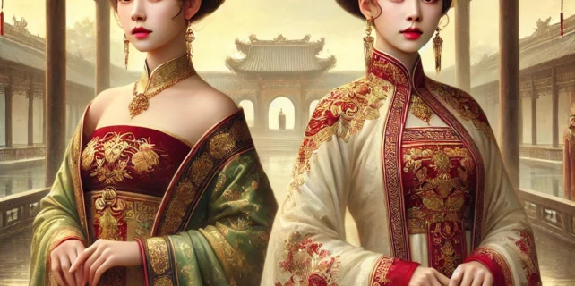 DALL·E 2024-10-19 21.26.35 – An ancient-style painting titled ‘Sau Khi Đổi Thân Phận Với Tỷ Tỷ Song Sinh,’ featuring two twin sisters who have swapped their identities. One sister