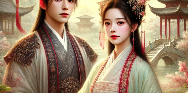 DALL·E 2024-11-25 22.42.59 – An artistic depiction of a classical Chinese romance novel cover set in the Ming or Qing dynasty. The scene includes a young elegant couple_ a high-ra